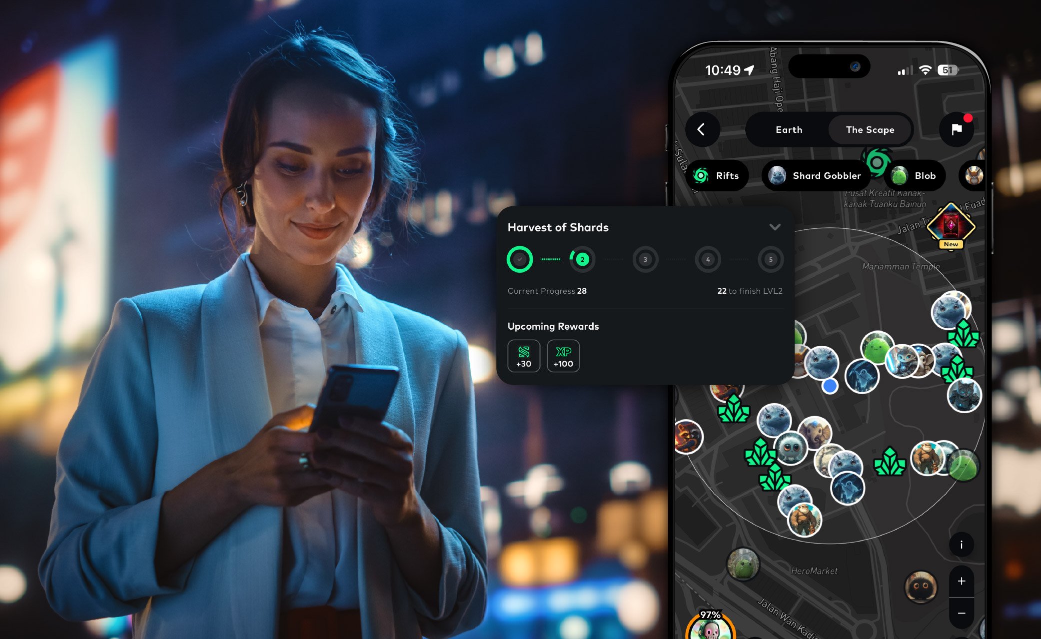 Gamified brand missions and geolocation map from Freedom World app interface