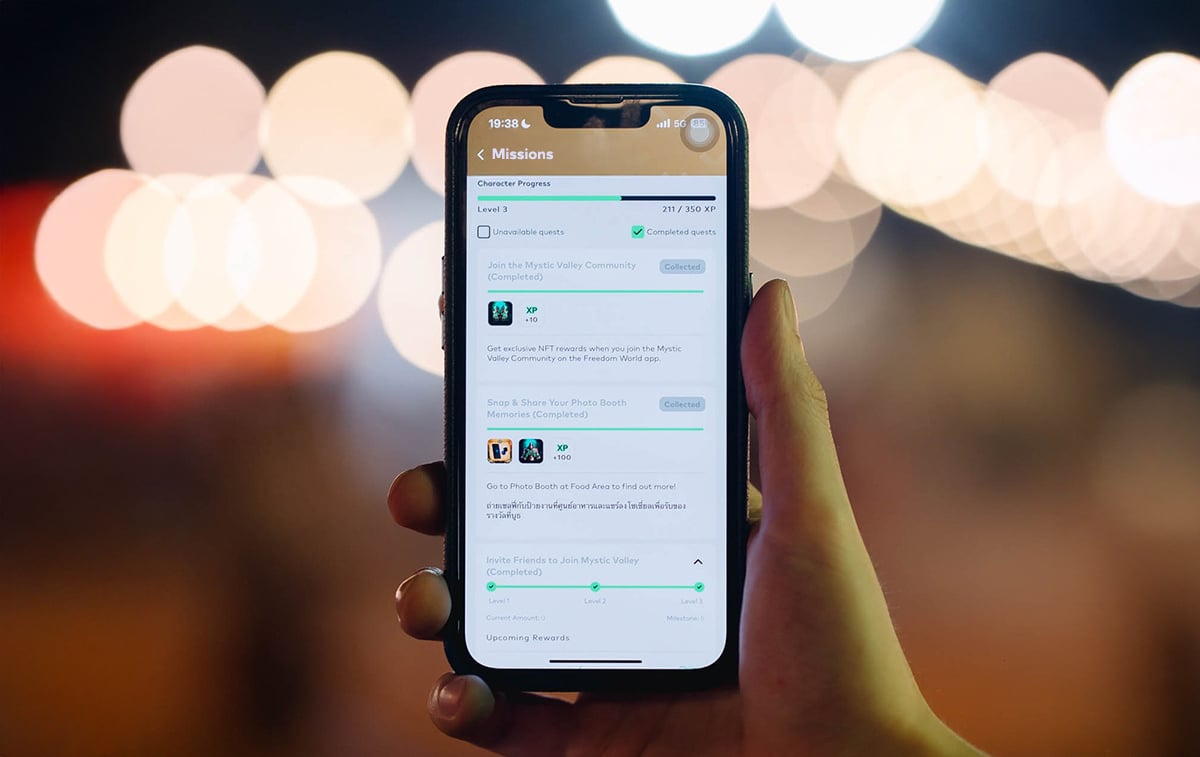 Freedom World app showcasing completed mission and digital rewards—gamified brand engagement for niche communities.