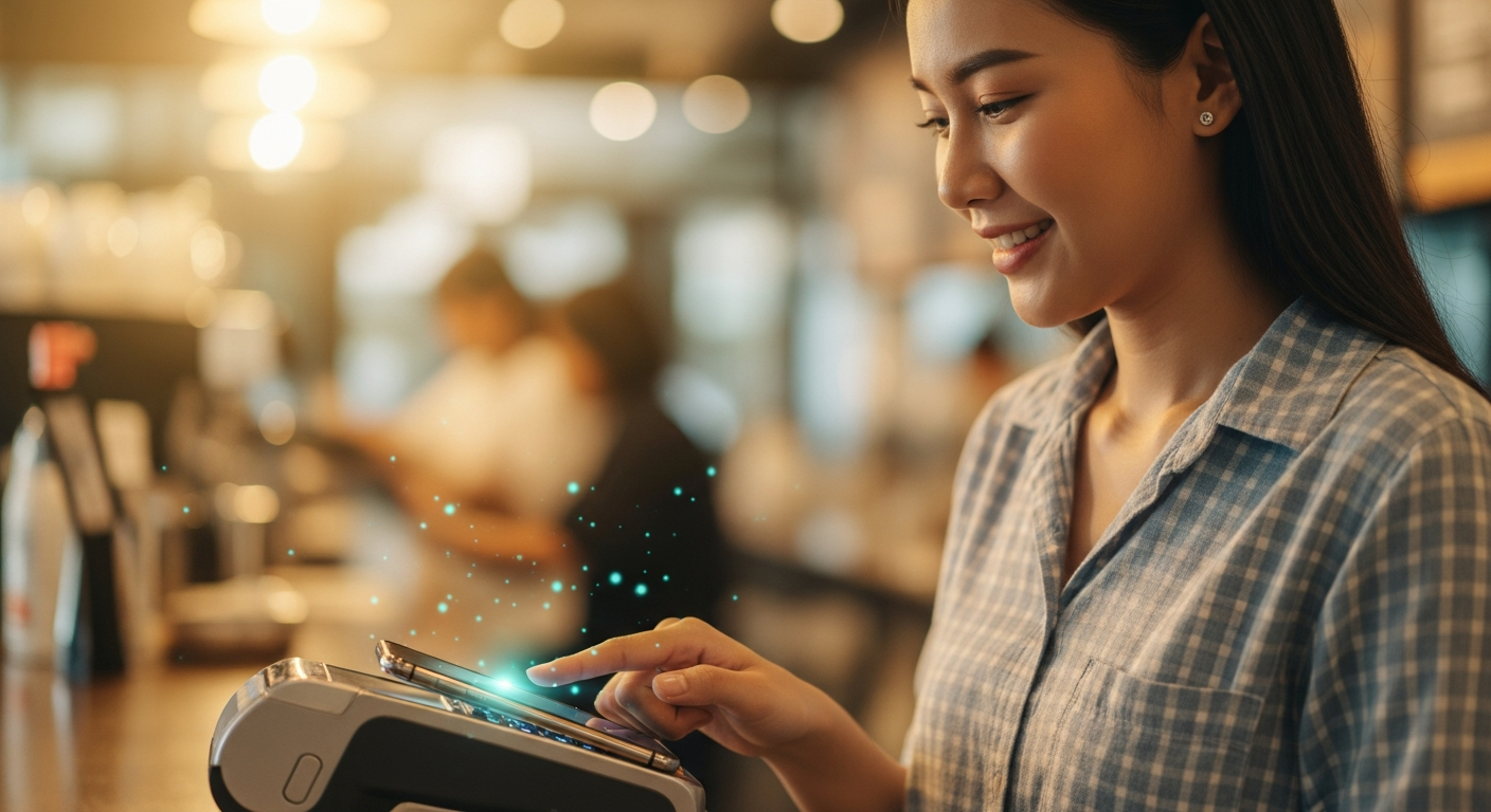 Customer earning crypto loyalty rewards at a Bangkok merchant using a digital wallet