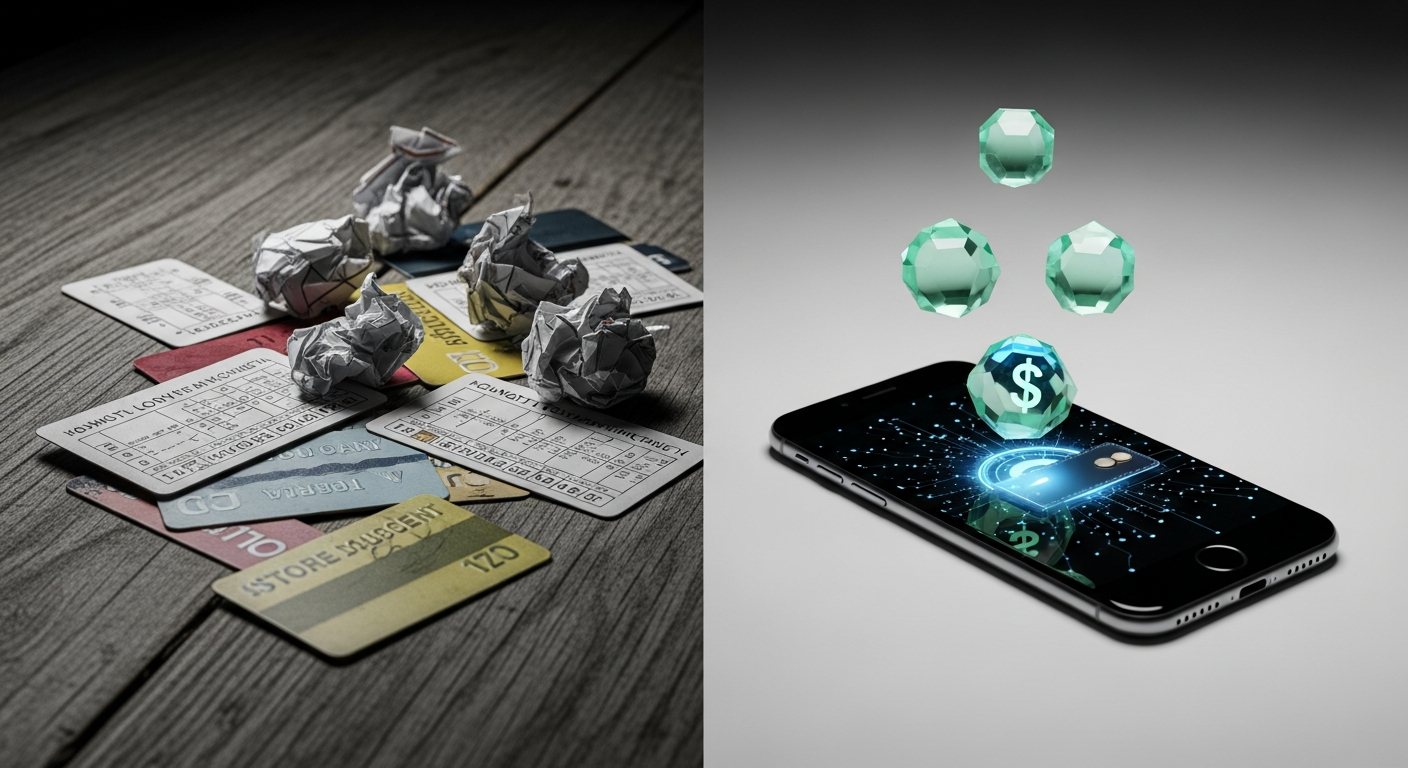 Traditional loyalty punch card versus blockchain-based crypto loyalty wallet